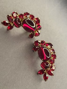 Gold-Tone Red Crystal Cluster Clip Earrings